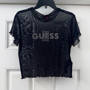NWT GUESS Crystal Logo Black Sheer Mesh Women's Top Size L